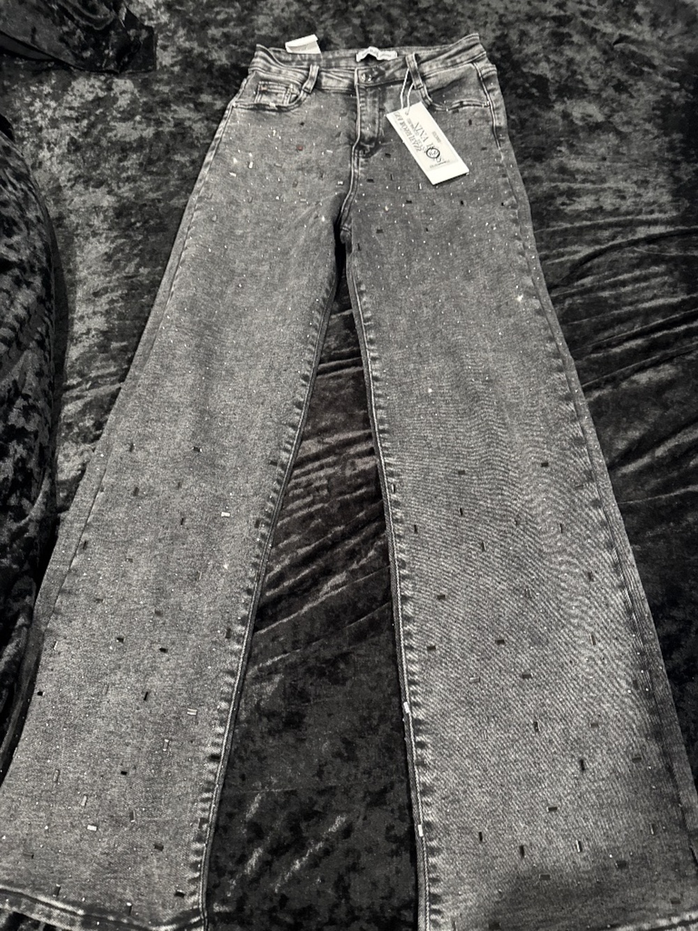 Dark grey all over rhinestone jeans